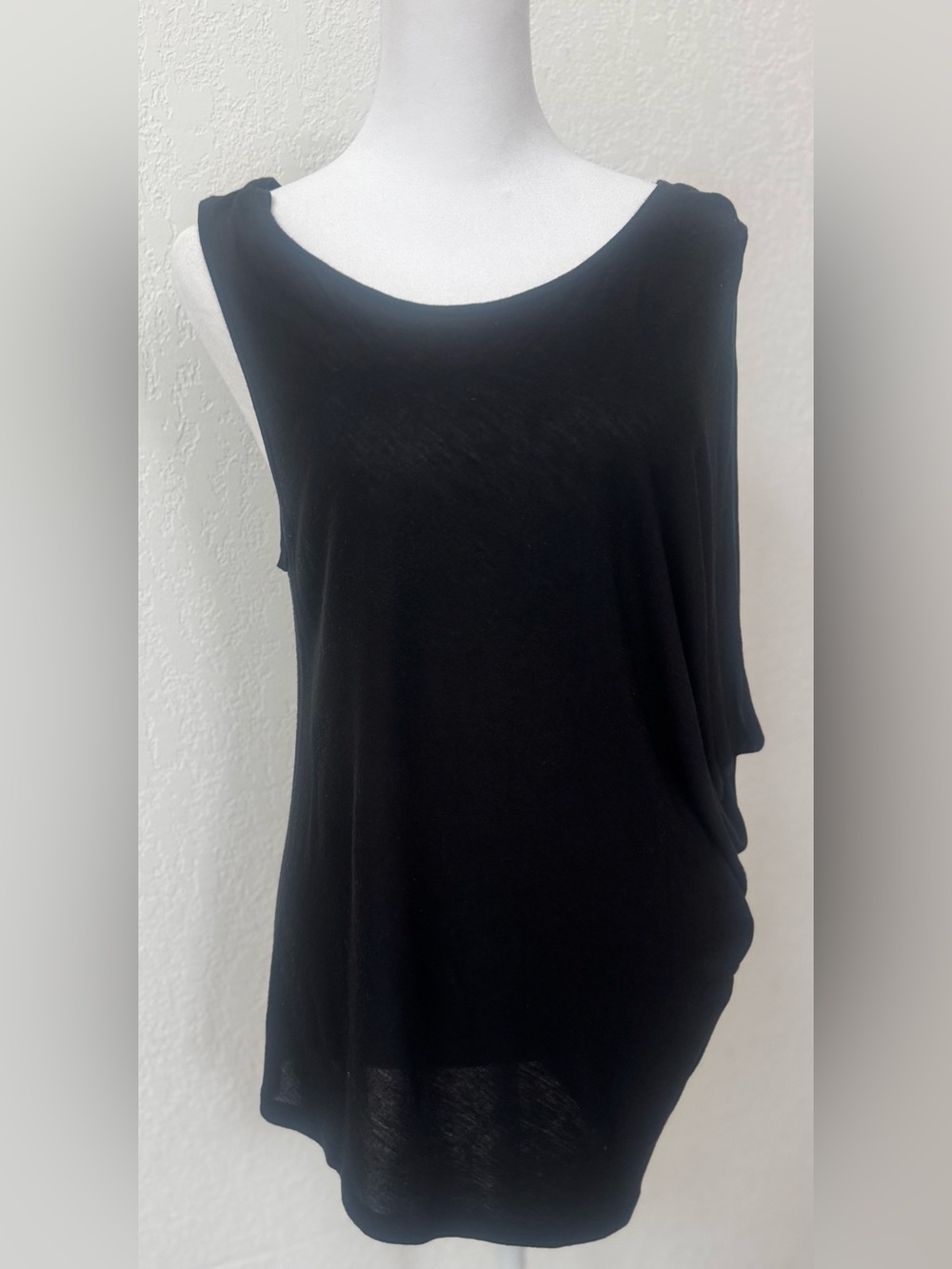 Maggie Ward black draped jersey knit top with faux leather contrast on back